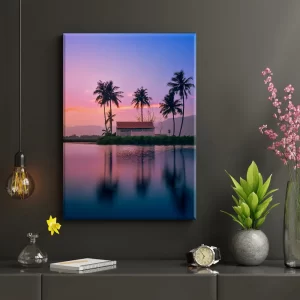 Cuadro decorativo paisaje isla con palmeras mockup